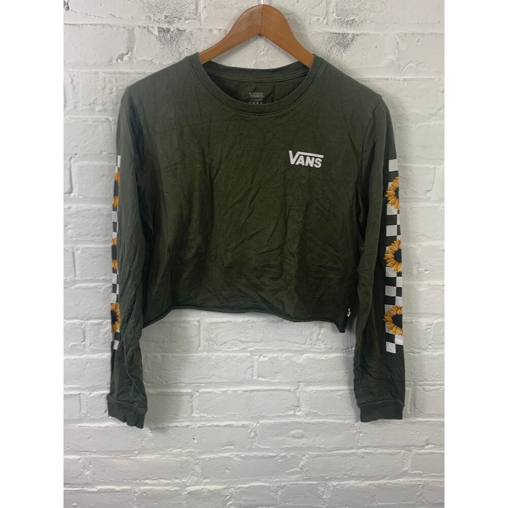 Vans Women's Crew Neck Sunflower Checker Cropped T-Shirt Ribbed Hem Green Size M